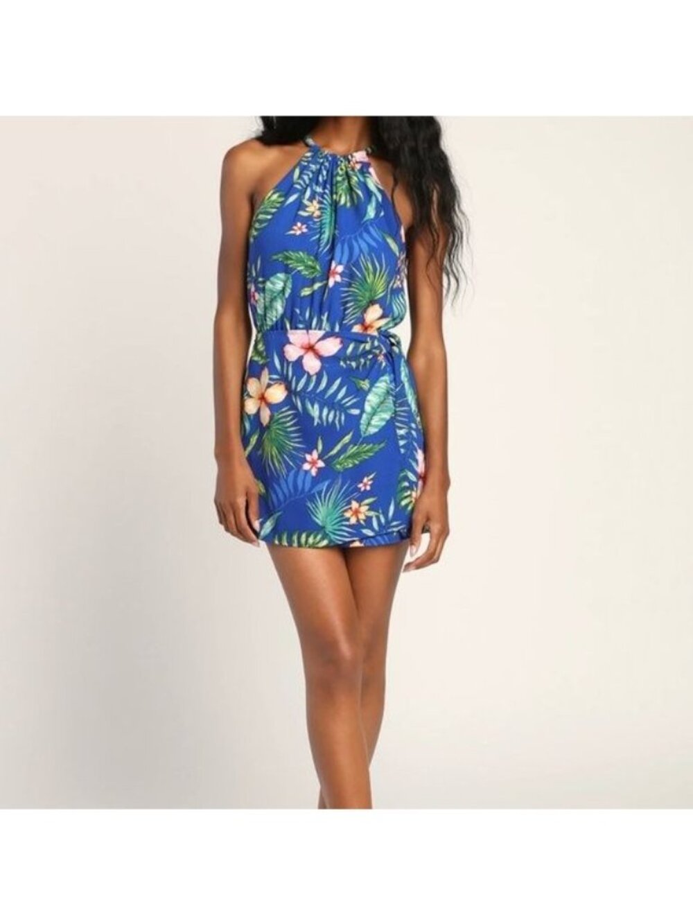 Lulus Vibrant Vacay Blue Tropical Print Faux-Wrap Sleeveless Romper XL